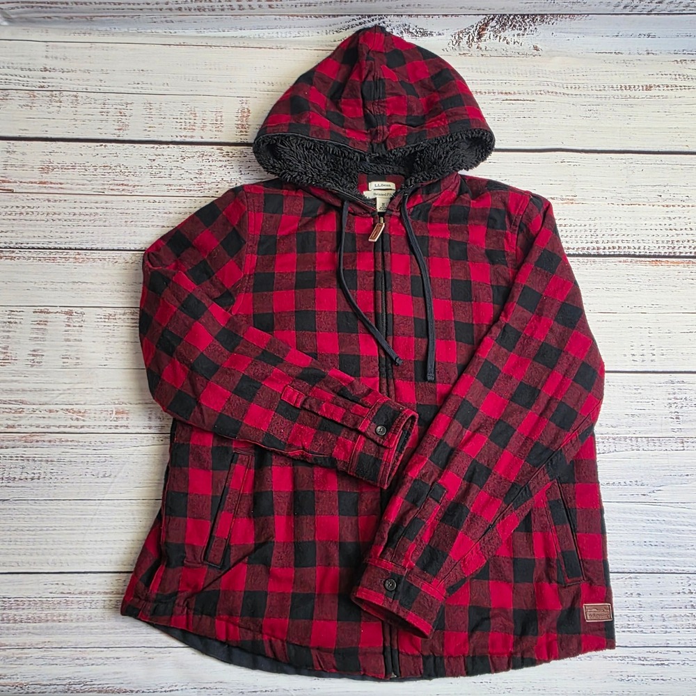 LL Bean Relaxed Fit Sherpa Lined Buffalo Scotch Plaid Hooded Jacket Women Medium